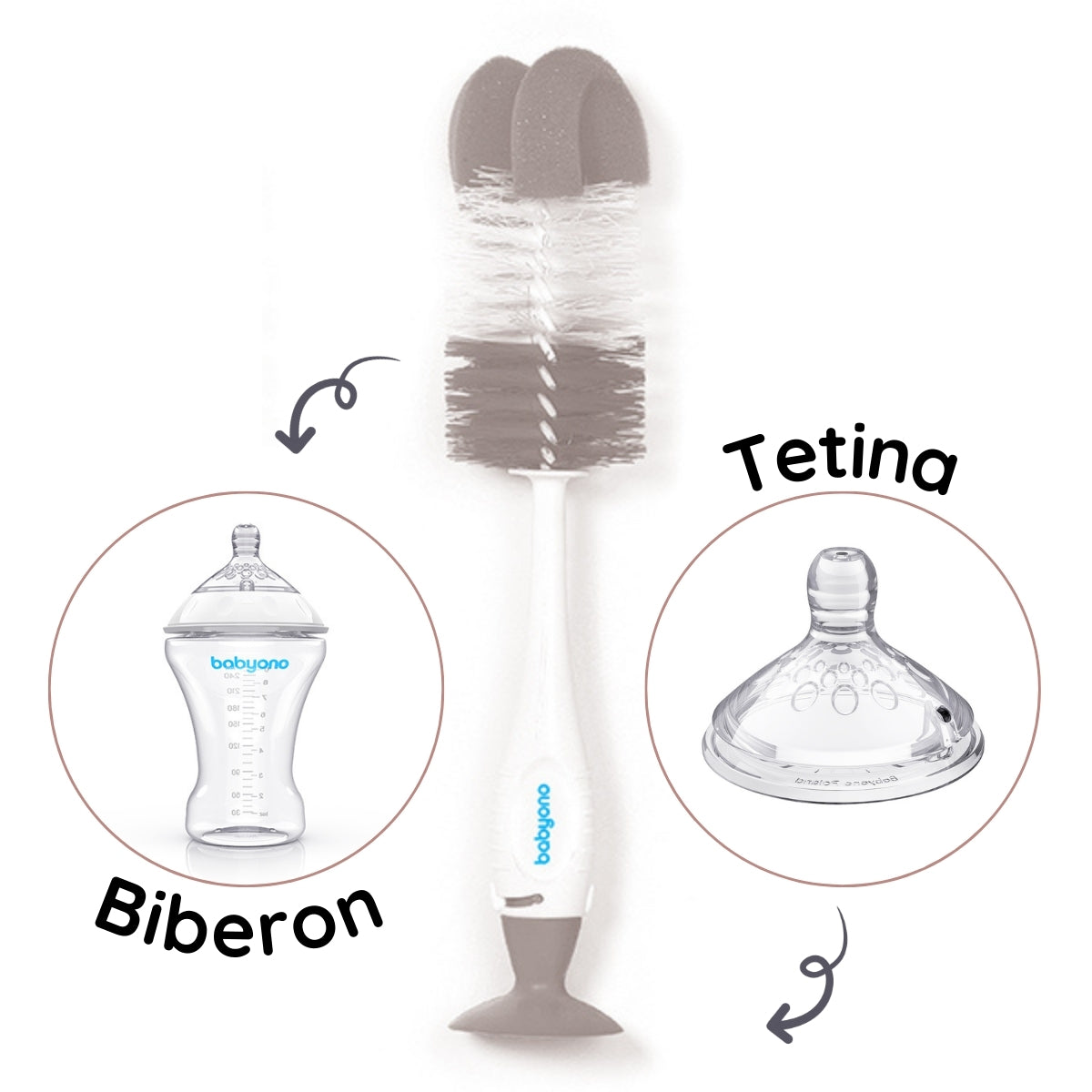 Babyono Cepillo limpia biberones botellas y tetinas con ventosa