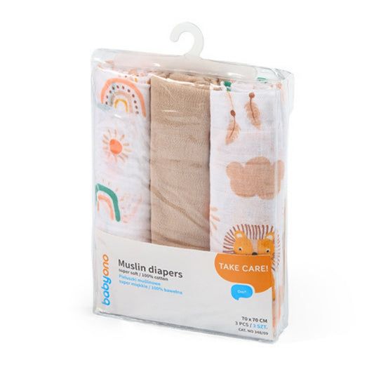 Babyono Pack 3 muselinas Natural algodón 70x70 cm