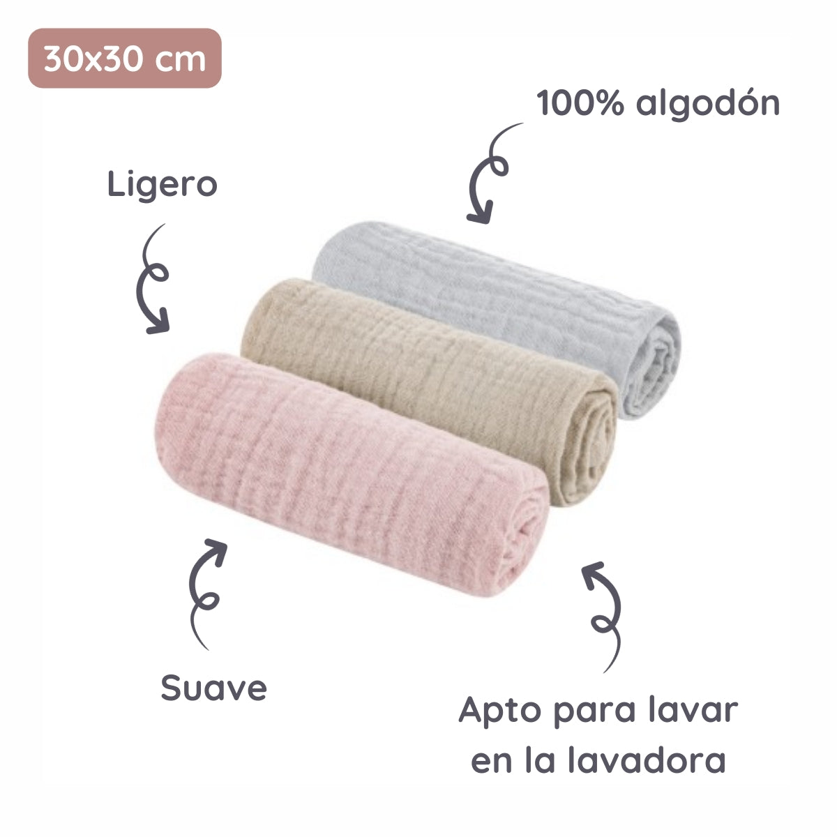 Natural Baby Pack 3 muselinas de algodón 30x30 cm