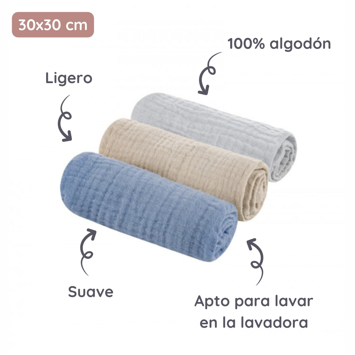 Natural Baby Pack 3 muselinas de algodón 30x30 cm