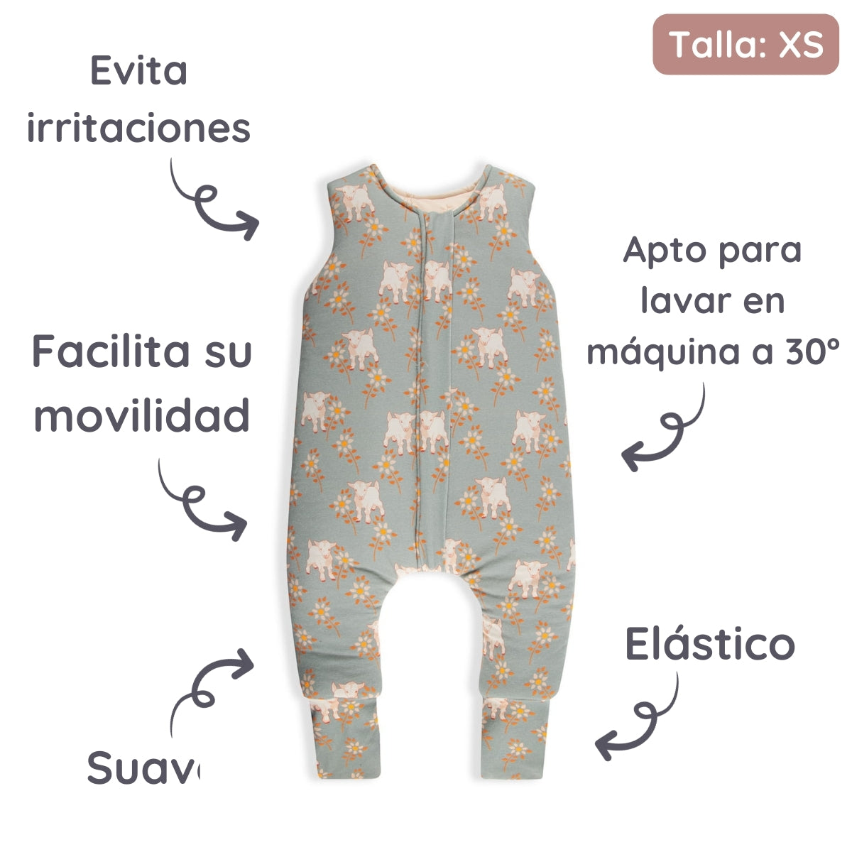 Vintage Animals Saco de dormir con pies Reversible T-XS jersey algodón